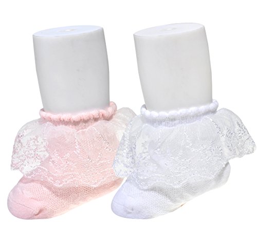 Epeius Baby-Girls Eyelet Frilly Lace Socks Infant Girls Princess Seamless Party Socks 9-15 Months White/Pink (Pack of 2)