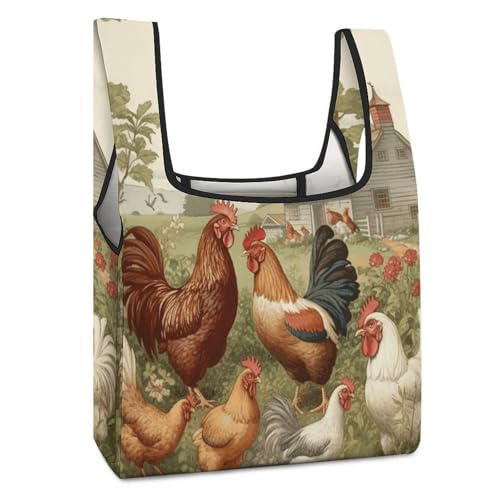 Image of FodPand Chickens And Farm Shopping Bags Foldable Grocery Bags Heavy Duty Reusable Tote Bag Large Cute Cloth Gift Bag Washable Storage Pouch for Market Holiday Camping Traveling
