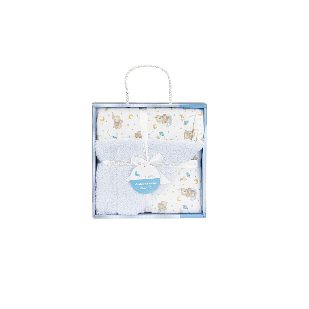 Interbaby - Manta Bebe Recien Nacido | Mantita Bebe 100% Poliéster, Terciopelo, Suave, Cómoda, Cálida | Manta Meses Bebe 80x110cm, Unisex, para Cunas, Carritos | Elefante + Borreguillo Azul