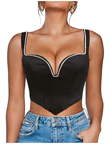 Joukavor Elegant Rhinestone Corset Top Sexy V Neck Diamond Push Up Satin Tank Bustier Crop Tops For Women (Black,Small) #TOP5