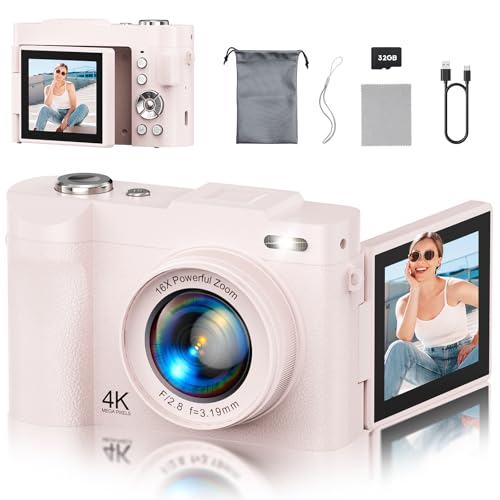 NEMUTA 4K Digital Camera for Photography, 50MP Vlogging Camera for YouTube, Compact Cameras with 2.8" 180° Flip Screen, 16X Digital Zoom for Beginners, Travel, Family,Pink by NEMUTA - Used condition - US$10.98