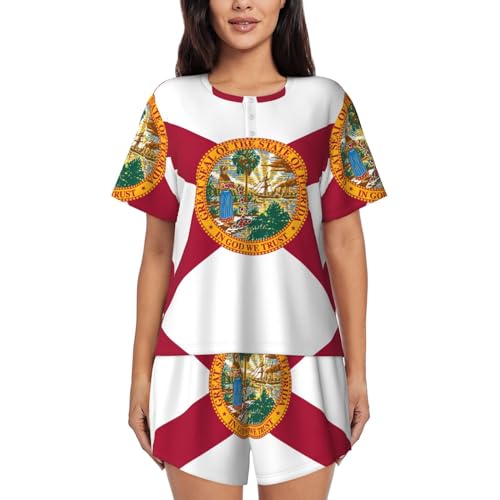Pyjama court femme imprimé drapeau Floride ensemble deux pièces fluide col rond et short