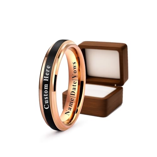 Black Satin Finish Tungsten Carbide Ring with Rose Gold Plated Stepped Edge | Custom Engraved Wedding Band for Men and Women