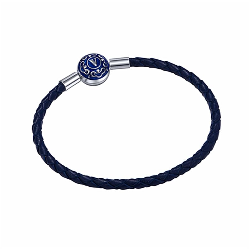 Genérico Pulsera De Cuero Con Cuentas De Plata De Ley 925 Para Mujer, Con Nubes Auspiciosas Y La Inicial V. Brazalete Con Caja De Regalo. Joyería Vintage Para Él O Ella.