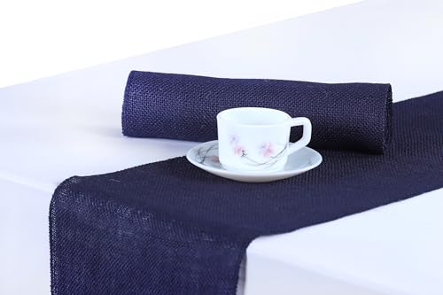 MDS 5 PCS 100% Natural Burlap Table Runners 12 x 72 Inch Rustic Farmhouse Country Vintage Boho Jute Runner for Wedding Home BBQ's Coffee Tea Party Dinning Table Decorations - Navy Blue