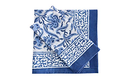 ATOSII Midnight Bloom Blue 100% Cotton Cloth Napkins, Hand Block Floral Print Designer Table Linen, Perfect for Dinners, Weddings, Cocktails, Parties I 20 X 20 Inches I Set of 4 I