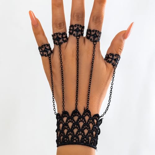 Women Gothic Halloween Black Punk Finger Rings Chain Bracelets with Ring Finger Wrist Chains Body Accessory Bracelets for Women2