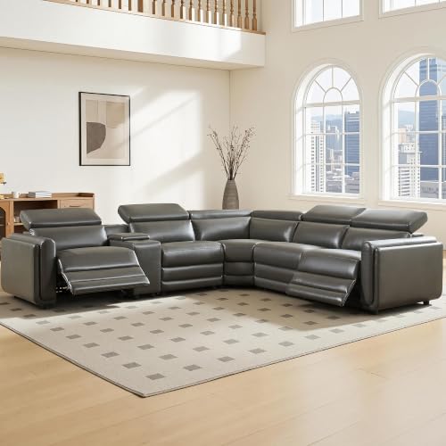 Image of Power Recliner Sofa, Leather Sectional Couch for Living Room, Dark Grey | 3 Bluetooth Speakers & Hidden Storage, Modern L Shaped Reclining Couch with 6 Charging Ports
