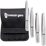 Tweezers Set 4-piece - Tweezer Guru Stainless Steel Slant Tip and Pointed Eyebrow Tweezer Set - Great Precision for Facial Hair, Ingrown Hair, Splinter, Blackhead and Tick Remover (Silver)