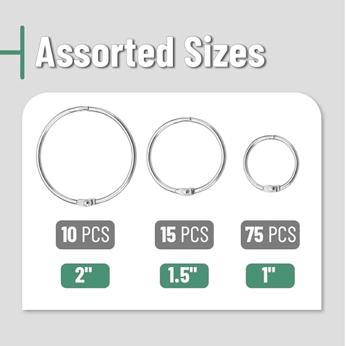 image for Mr. Pen Loose Leaf Binder Rings, 100 Pack, 3 Sizes, Silver Metal Rings