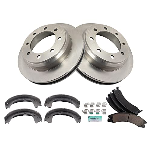 Image of TRQ Rear Brake Pad and Rotor Set Ceramic Parking Brake Shoes Compatible with 2008-2014 Ford E-150 E-250 2008-2019 2021 E-350 Super Duty