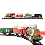 【Weihnachtszug-Set】 Das Weihnachtszug-Spielset enthält eine Lokomotive, eine Kutsche, einen Kohlenwagen, einen Weihnachtsmannwagen, 4 gerade Gleise und 6 gebogene Gleise. Legen Sie die Batterien (nicht im Lieferumfang enthalten) in die Lokomotive ein und der Zug fährt los und bewegt sich mit realistischen Lichtern und Geräuschen reibungslos auf der Strecke.