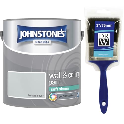Frosted Silver Johnstone’s Wall & Ceiling Soft Sheen Paint 2.5L + 3 Brush – Subtle Sheen Finish, Durable & Washable, Quick Dry, Low Odour Interior Paint for Walls & Ceilings