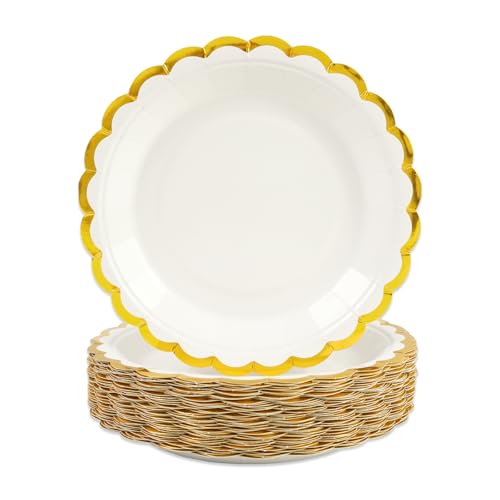 DHAIQC 50 Pièces Assiette Jetable Festonnées 23cm, Blanc Assiettes en Carton Vaisselle Jetable Anniversaire pour Barbecue Anniversaire Fête Douche de bébé...