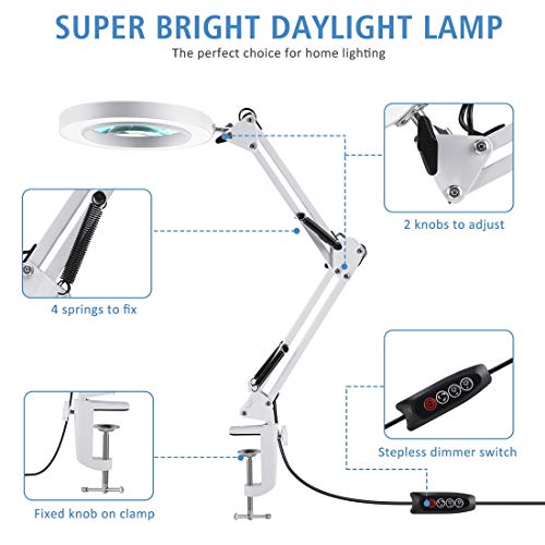 LANCOSC Magnifying Desk Lamp with Clamp, 3 Color Modes, Stepless Dimmable, 5-Diopter Real Glass Lens, Adjustable Swivel Arm, LED Lighted Magnifier Light and Stand for Craft, Close Work, Reading, White