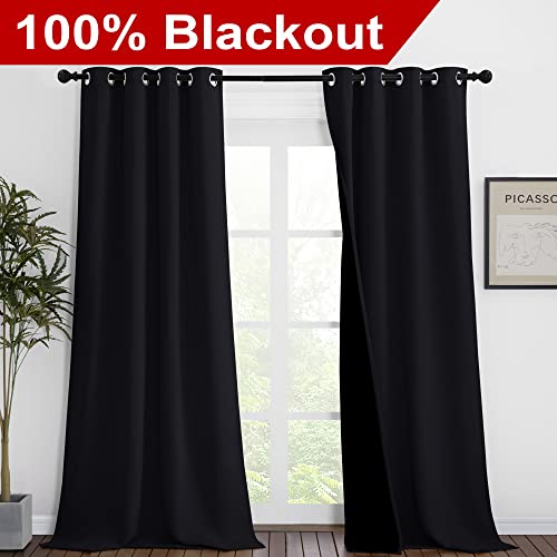 Image of NICETOWN Extra Long Truly Blackout Drapes for Hall and Villa, 46-inch Width Each Panel, 102-inch Length, Black, 2 Pieces, 100% Blackout Window Curtain Panels with Black Lined for Night Shift Worker