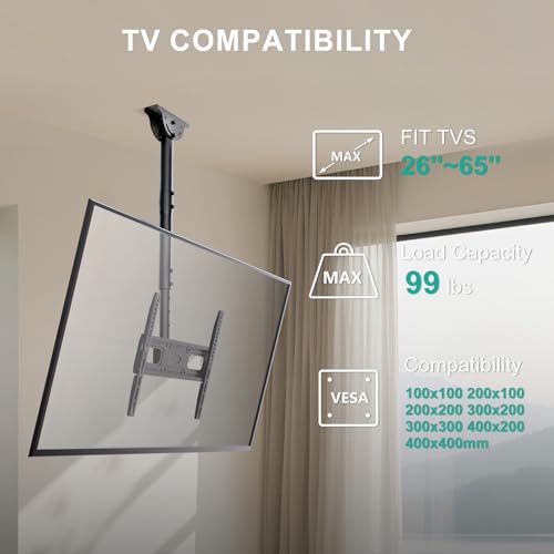 Image of WALI Ceiling TV Mount Long Arm, Full Motion Adjustable Bracket Fits Most LED, LCD TVs 26 to 65 inch, up to 99lbs, Height Extension up to 35.8 Inch, Mounting Holes up to 400x400mm (CM2665XL-P), Black