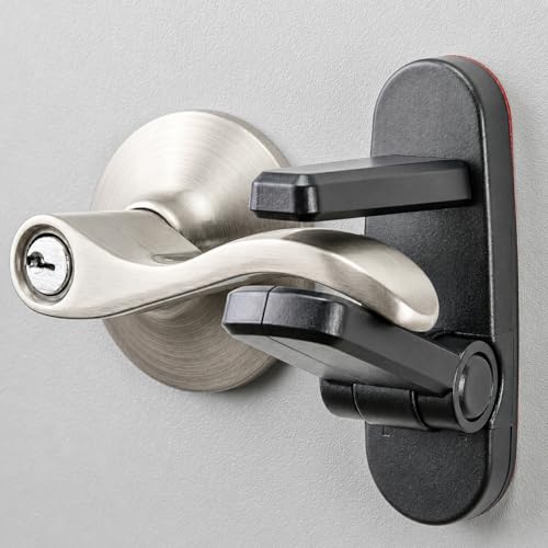 Door Lever Lock (2 Pack) Prevents Toddlers from Opening Doors. 3.25' L * 1.5' W * 4.5' H Easy One Hand Operation for Adults. Durable ABS with 3M Adhesive Backing. Simple Install, Black