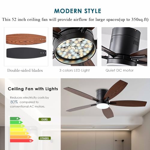 Image of Ayaoty Ceiling Fans with Lights, 52 inch Low Profile Indoor Ceiling Fan with Light and Remote Control, Dimmable, Noiseless, Reversible, Brown Ceiling Fan for Bedroom, Indoor /Outdoor Use