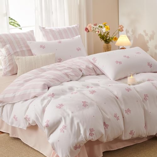 Tospass Bettwäsche 135x200 Schleifen Rosa Schleife Gestreift Bettwäsche Set – Ansicht 2