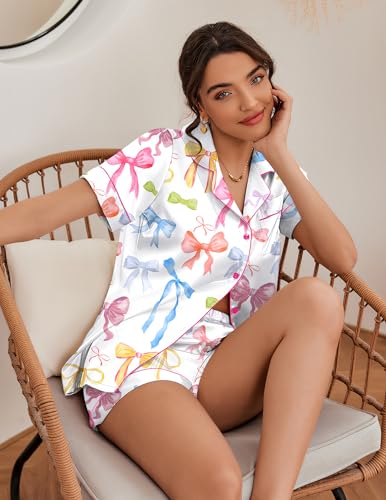 Image of Ekouaer Silk Pajamas for Women Short Sleeve Sleepwear Soft Button Down Loungewear 2 Piece Satin Pjs Shorts Set