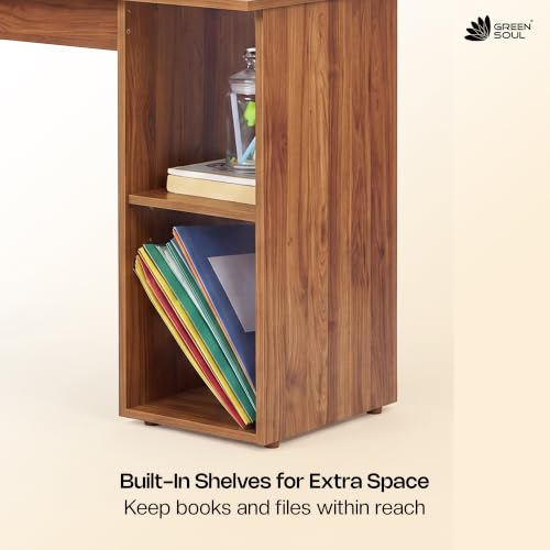 Image of Green Soul Brixton (2026 Edition) L-Shape Computer Table for Home PC, Keyboard Tray, 2 Storage Shelves, IS-3087 Engineered Wood, Expansive Tabletop, Latin Walnut, 3 Year Assurance