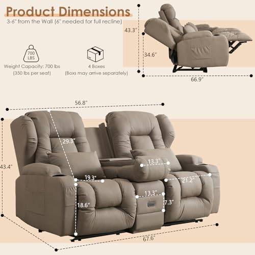 Image of SAMERY 67.6 inch RV Loveseat Recliner Double Recliner RV Sofa & Console | Wall Hugger Loveseat Reclining RV | RV Theater Seats | RV Couch | RV Home Theater Seating Furniture (Fabric Khaki)