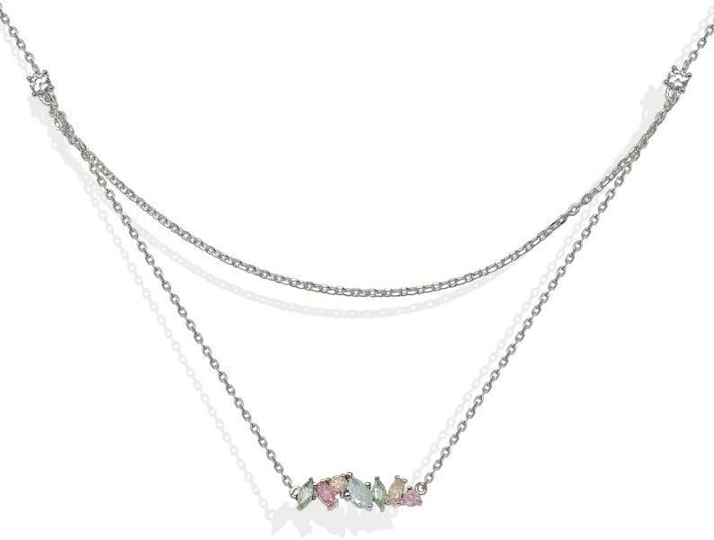 Double necklace with stone color 925 sterling silver choker with double chain and zirconia stones