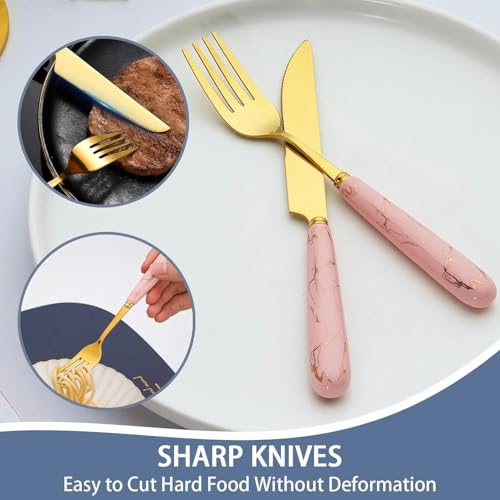 Image of Artek Stainless Steel Spoons, Forks & Knives Set of 24 with Stand and Ceramic Handle Golden Cutlery Set (Pink)