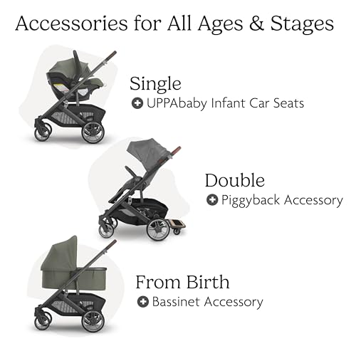 Image of UPPAbaby Cruz V3 Stroller - from Birth + Car Seat Compatible - Full-Size, Reversible Seat - Infant Insert, Bug and Rain Shields Included - Evelyn (Meadow Green /Graphite Frame /Chestnut Leather)