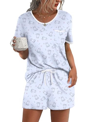 Image of Ekouaer Pajama Set for Women 2 Piece Lounge Set Short Sleeve Tops and Shorts Soft Sleepwear, Chest Pocket