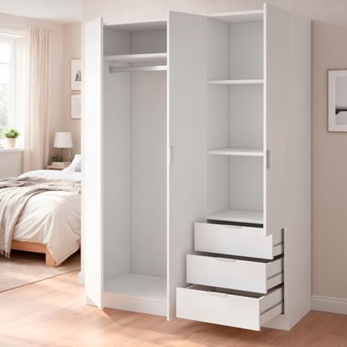 Bricozone Armadio Multiuso 3 Ante Con 3 Cassetti Guardaroba Salvaspazio Con Barra Appendiabiti Struttura Compatta Design Moderno 121X52X180 Cm (Bianco) - 5