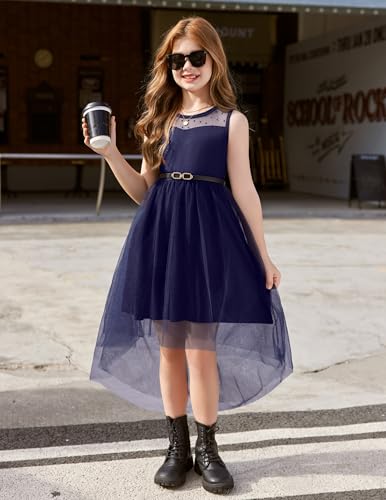 Image of Arshiner Girls Dresses Formal Party Wedding Tulle Sleeveless Contrast Mesh High Low Dress with Belt