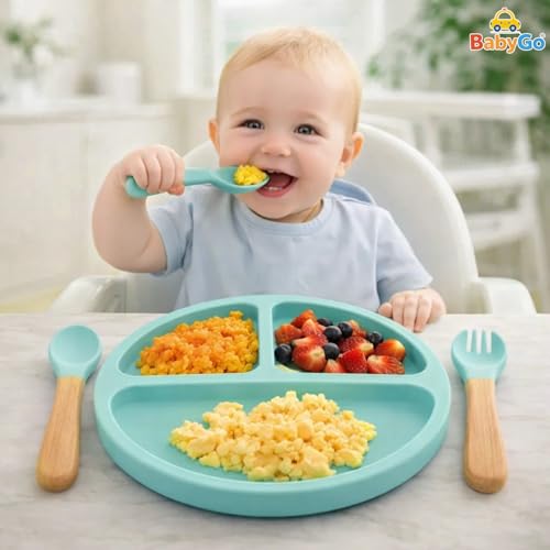 Image of BabyGo Silicone Suction Plate with Spoon for Babies | Microwave, Dishwasher & Freezer Safe | Unbreakable Feeding Plate with 4 Suction Cups for Babies & Toddlers | BPA-Free (Light Blue)