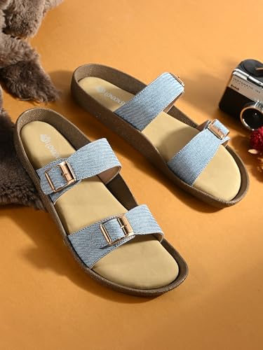 Image of Women Denim Double Strap Buckle Slides | Comfortable Casual Flat Slippers for Women | Lightweight Open Toe Slip-On Sandals Everyday Wear