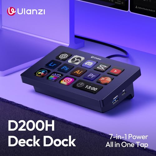 Image of ULANZI D200H Stream Controller & USB C Docking Station with Stand Base, 14 Keys Macro Keyboard with 7-in-1 Hub Deck Dock, SD /TF Card Reader, Customerable LCD Key for Live /Gaming /Editing /Office