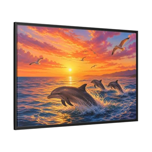 Tableau dauphins nature orange et bleu en toile encadrée pour salon de 120x80 cm