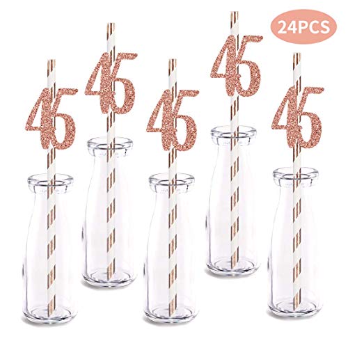 Rose Happy 45Th Birthday Straw Decor, Rose Gold Glitter 24Pcs Cut-Out Number 45 Party Drinking Decorative Straws, Supplies #TOP1