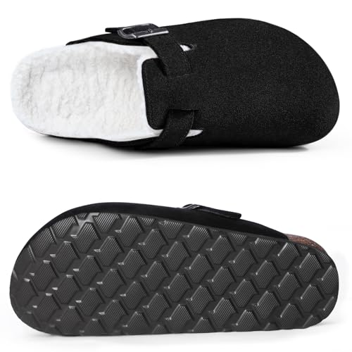 Image of KIDMI Women's Fur Lined Genuine Suede Clogs Fuzzy Cork Footbed Potato Shoes | Adjustable Metal Buckle, Non-slip Rubber Soles, Cushioning, Cozy and Warm, Supportive, Indoor, Outdoor, Winter, Casual