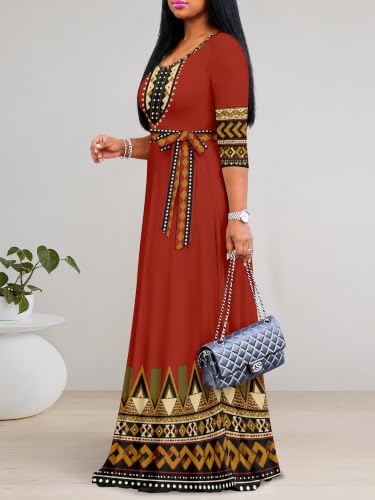 Image of PinkPatty Women's Plus Size Maxi Dresses Casual Flowy 3 /4 Sleeves Dress Printed Vacation Dress for Daily Wear with Belt