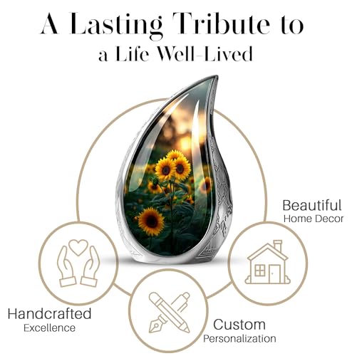 Image of Teardrop Sunflower Urns for Human Ashes Adult Female - Large Urns for Human Ashes Adult - Yellow Sunflower Urn for Mom and Dad - Memorial Decorative Urn for Handmade 10inch