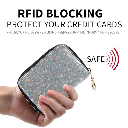 RFID Blocking Credit Card Wallets Zip Around Wallet Women Small Mens Wallet with Coin Pocket Sparkling Silver Glitter2