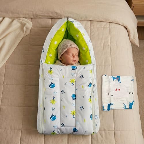 Image of 3-in-1 Baby Sleeping Bag & Carry Nest Combo - Blue Daisy, Unisex + 100% Cotton Swaddle Wrap, Teal Dancing Deer 0-3 Months - Breathable & Skin-Friendly Newborn Bedding Set