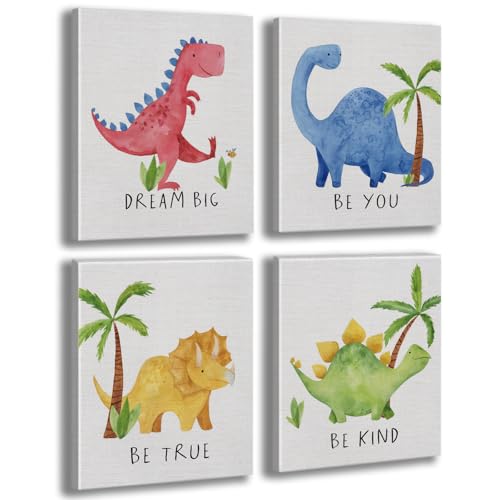 Image of Cute Watercolor Dinosaur Prints Inspirational Motivational Quotes Canvas Wall Art Nursery Decor Wall Decor Funny Poster Artwork for Kids Room Classroom Bedroom Decorations,4PCS,Framed,8x10IN