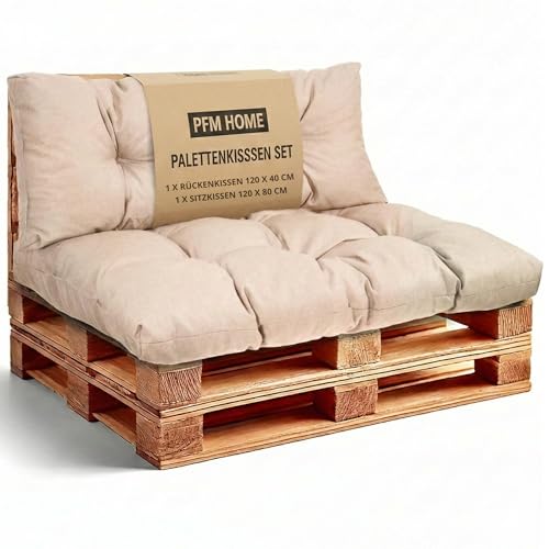 PFM HOME Cojín para palés para exteriores para sofá de palés, muebles de palés, palés europeos, cojín de jardín, 1 cojín de respaldo de 120 x 40 cm y 1 cojín de 120 x 80 cm, color beige