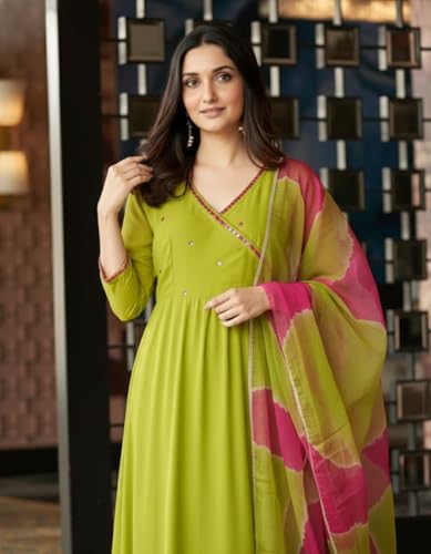 Image of ANNI Designer Women Rayon Viscose Anarkali Kurta with Pant and Dupatta | Mirror Work Long Kurta Set | Ladies Ethnic Wear Traditional Clothing for Women