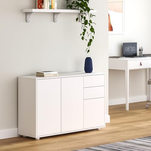 [en.casa] Aparador Paarl Cómoda Armario Bajo 74 x 117 x 36 cm con 2 Cajones y 3 Puertas Organizador de Oficina Sideboard Cajonera Multiusos Mueble Auxiliar Sin Mango - Blanco Mate