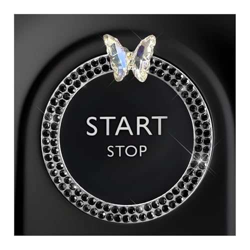 Image of DXNQ Bling Ring Emblem, Sparkling Butterfly Car Buttons and Knobs Ring, Girly Butterfly Diamond Car Engine Start Button Cover, Key Ignition Knob Rings Decoration for Women (Black, Double Row)