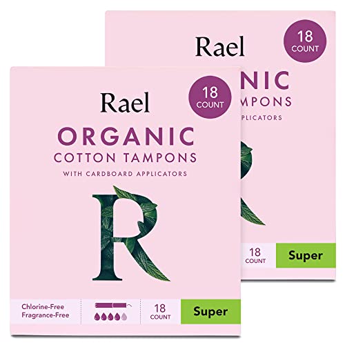 Rael Organic Cardboard Applicator Tampons - Super Absorbency with New Easy Grip Applicator, Unscented, Biodegradable, Chlorine Free, for Sensitive Skin (36 Count, Super)