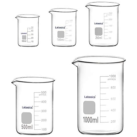 Labasics Glass Beaker Set, Borosilicate Glass Graduated Low Form Griffin Beakers in 5 Sizes, 50 ml/100 ml/250 ml/500 ml/1000 ml (1 L), Combo Pack Cover